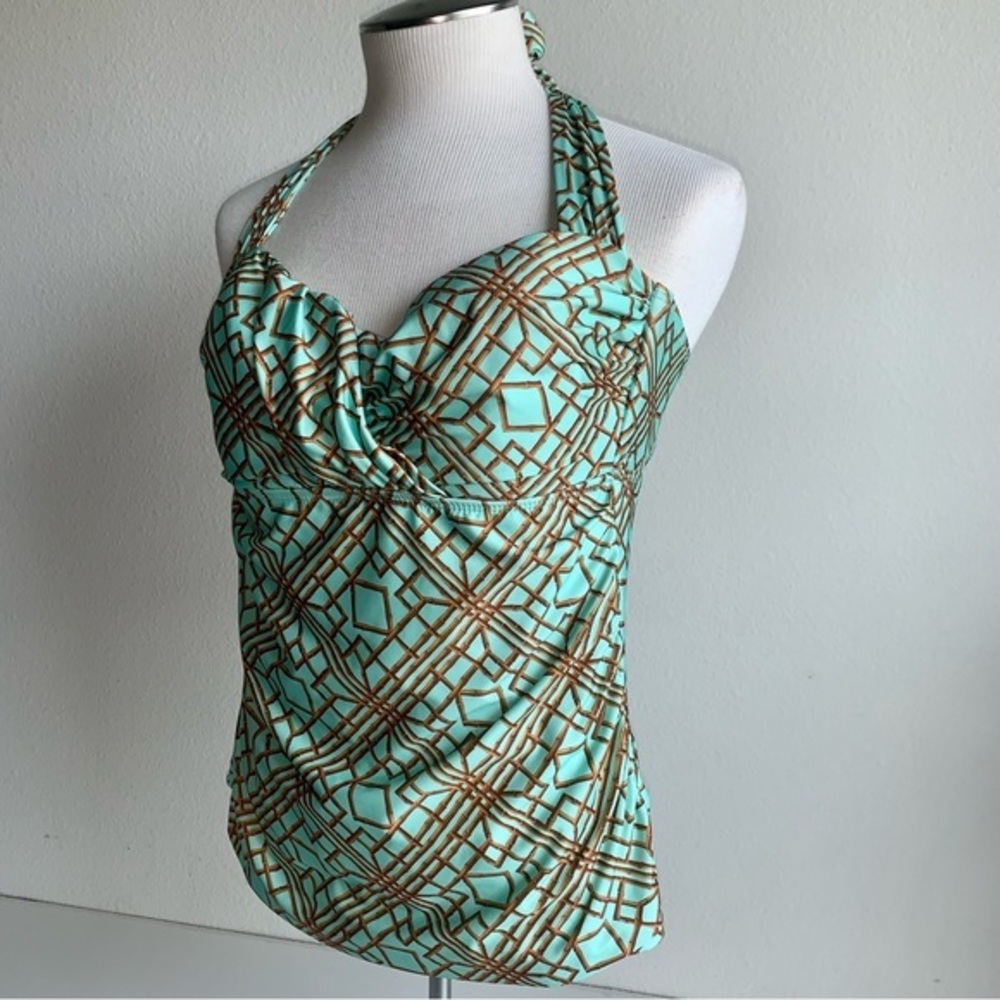 Antonio Melani Tankini Swimsuit top, sea foam green with gold lattice pattern. M